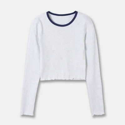 Women's Rib Knitted Curling Short sleeved T shirt Shallow Flower Ash L - Shop at LoveMi