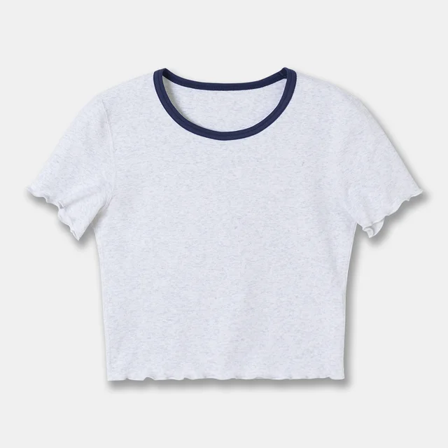 Spring And Summer Women's Rib Knitted Curling Short Short Sleeve T shirt Shallow Flower Ash - Shop at LoveMi