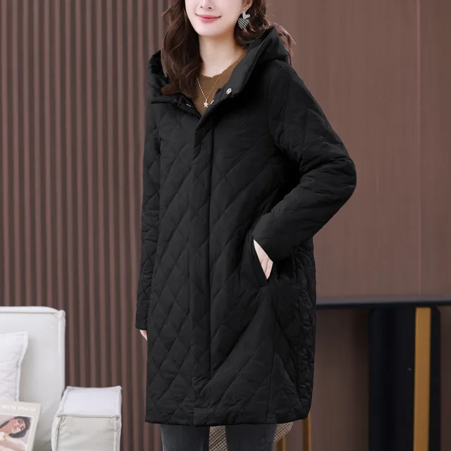 Hooded Mid length Casual Mom Wear Puffer Jacket Black - Shop at LoveMi