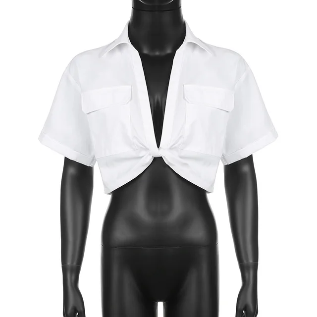 Short Cropped Cropped Twisted Solid Color Polo Collar Shirt White - Shop at LoveMi