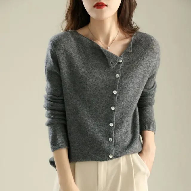 French Style Retro Crew Neck Single breasted Cashmere Knitted Cardigan Women's Autumn Thin Casual Versatile Slimming Outer Tops Charcoal Gray - Shop at LoveMi