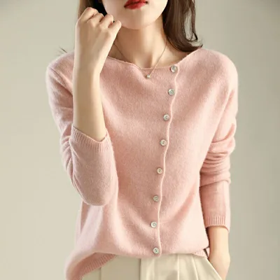 French Style Retro Crew Neck Single breasted Cashmere Knitted Cardigan Women's Autumn Thin Casual Versatile Slimming Outer Tops Rose Red - Shop at LoveMi