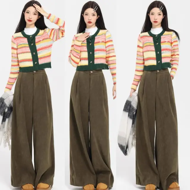 Korean Style Thickened Red Corduroy Wide leg Women's Autumn And Winter Elastic Waist Loose Slimming Mop Pants Green - Shop at LoveMi