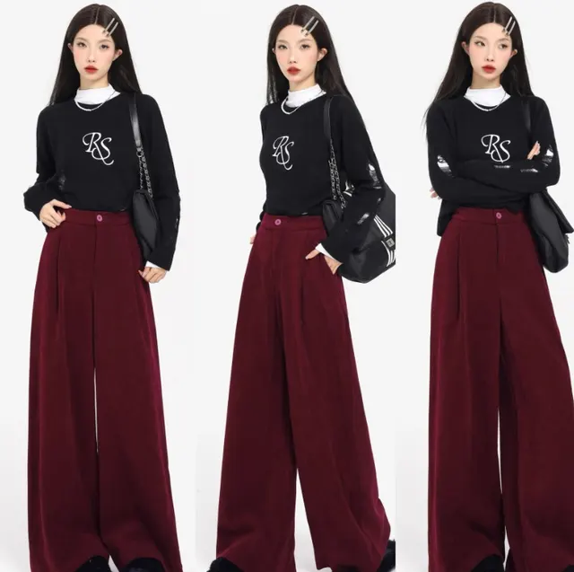 Korean Style Thickened Red Corduroy Wide leg Women's Autumn And Winter Elastic Waist Loose Slimming Mop Pants Wine Red - Shop at LoveMi