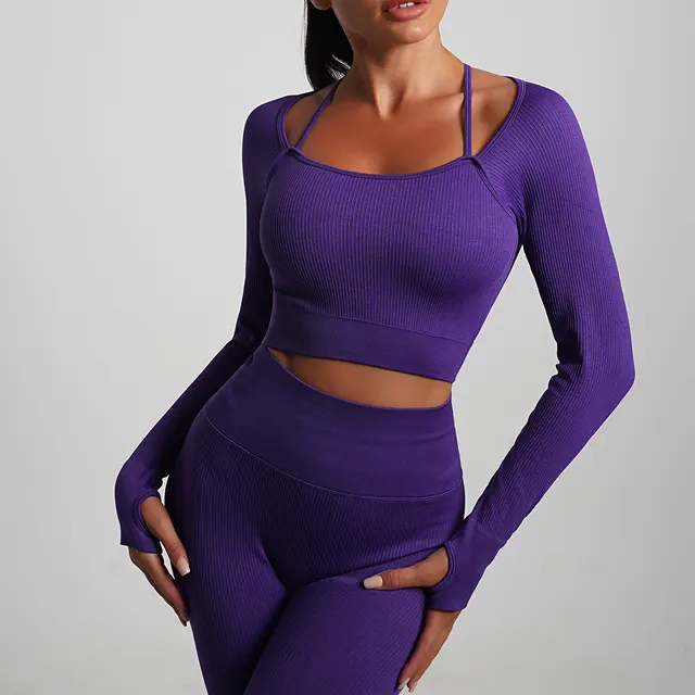 Seamless Yoga Clothes Suit Solid Color Workout Top Oblique Shoulder Sports Bra Sports High Waist Tight Hip Raise Yoga Pants Purple Long Sleeved - Shop at LoveMi