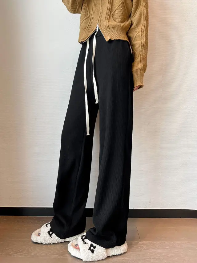 Cashmere Wide leg Pants Women's High Waist Loose Black Extended Style - Shop at LoveMi