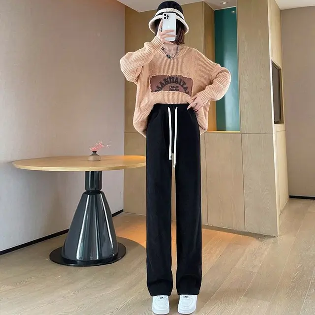 Maternity Pants Winter Wear Straight Narrow Cashmere Wide leg Pants High Waist Velvet Thickening Warm Corduroy Pants Black Lengthened - Shop at LoveMi