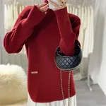 High Neck Split Knitted Women's Long-sleeved Sweater - Red