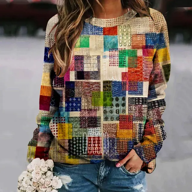 Printed Patchwork Round Neck Raglan Long Sleeve Women's Sweater Tmw1015Color - Shop at LoveMi