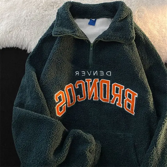 Retro Lapels Embroidery Half Zipper Cashmere Hoodie Q003 Green - Shop at LoveMi