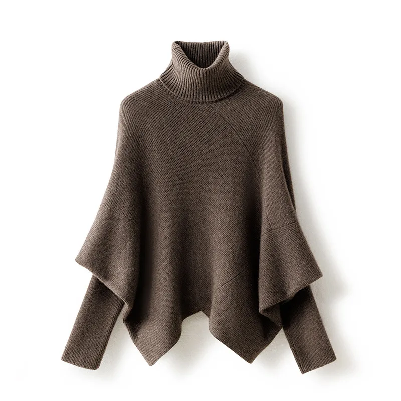 Fashionable Sleeve Knitted Cashmere Bat Turtleneck Pullover Caramel Mocha - Shop at LoveMi