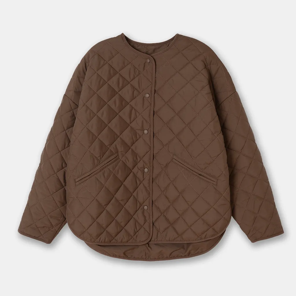 Collarless Short Rhombus Plaid Puffer Small Design Lightweight Cotton-padded Jacket - Brown