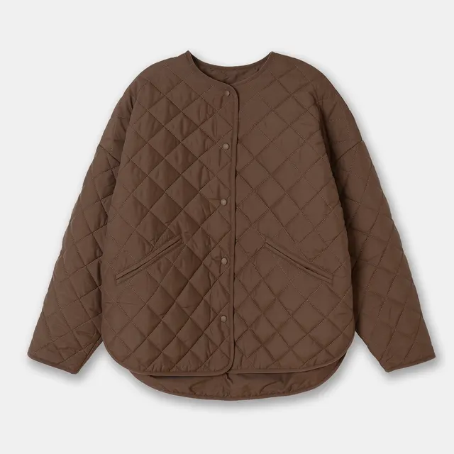Collarless Short Rhombus Plaid Puffer Small Design Lightweight Cotton padded Jacket Brown - Shop at LoveMi