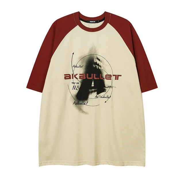 Contrast Color Design Letter Print Loose Round Neck Short Sleeve Apricot - Shop at LoveMi