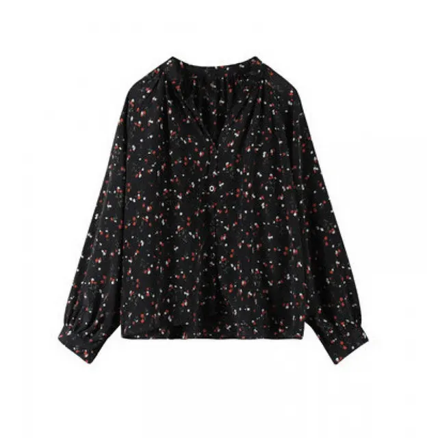 Draping Chiffon V neck Casual Long Sleeve Shirt For Women Black - Shop at LoveMi