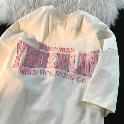 Letter Embroidery Pattern Loose All matching Pure Cotton Tops Apricot - Shop at LoveMi