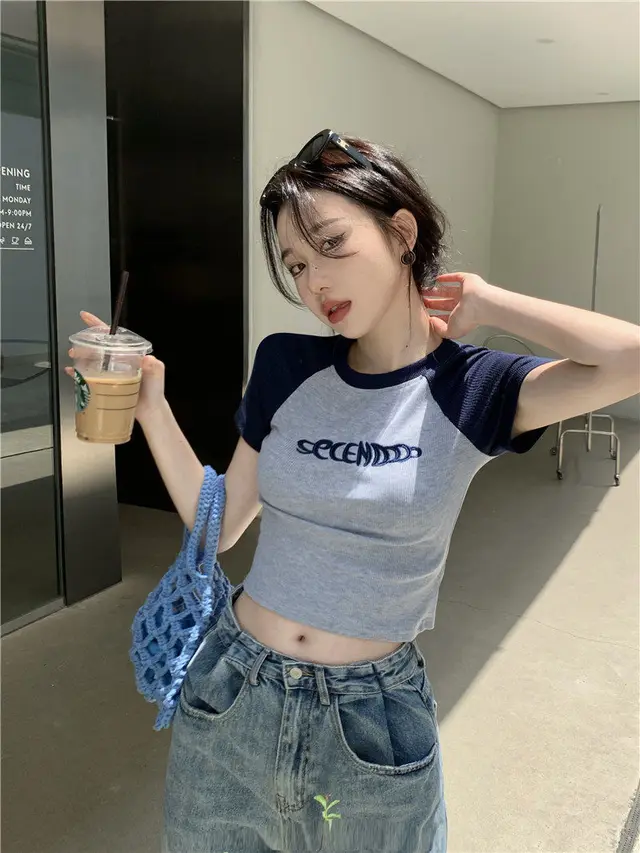 Pure Desire Style Short Student Top American Design Sense Ins Blue - Shop at LoveMi