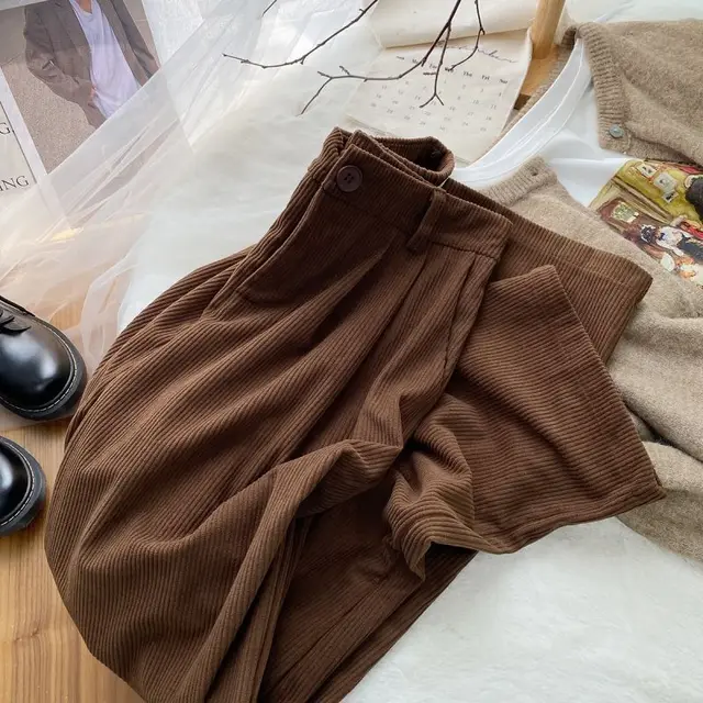 Women's Loose Slimming Straight Casual Long Pants Wide leg Corduroy Fleece lined Brown - Shop at LoveMi