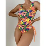 Hollow Backless Cross Bandage Swimsuit One Piece High Fork More Than Rope Net Red - Orange