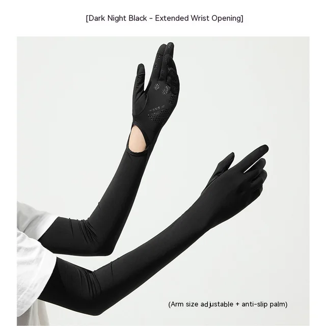 Nylon Ice Silk Long Sun Protection Ice Sleeve Gloves Women's UV Protection Sleeves Sun Protection Summer Long Arm Guard Wrist Open Dark Night Black - Shop at LoveMi