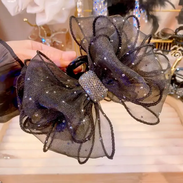 Mesh Double sided Rhinestone Large Korean Style Flower Women Starry Sky Black - Shop at LoveMi