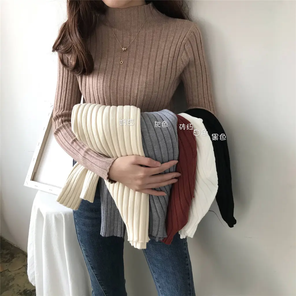 Hollow Striped Mock-neck Bottoming Shirt Women's Sweater - Khaki