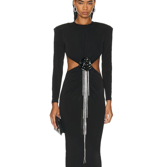 Sexy Backless Black Long Sleeve Hollow Flower Tassel Decoration Dress Black - Shop at LoveMi