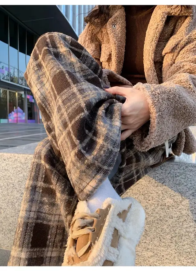 Christmas Red Wool Fleece lined Lattice Loose Pants 630G Maillard Brown - Shop at LoveMi