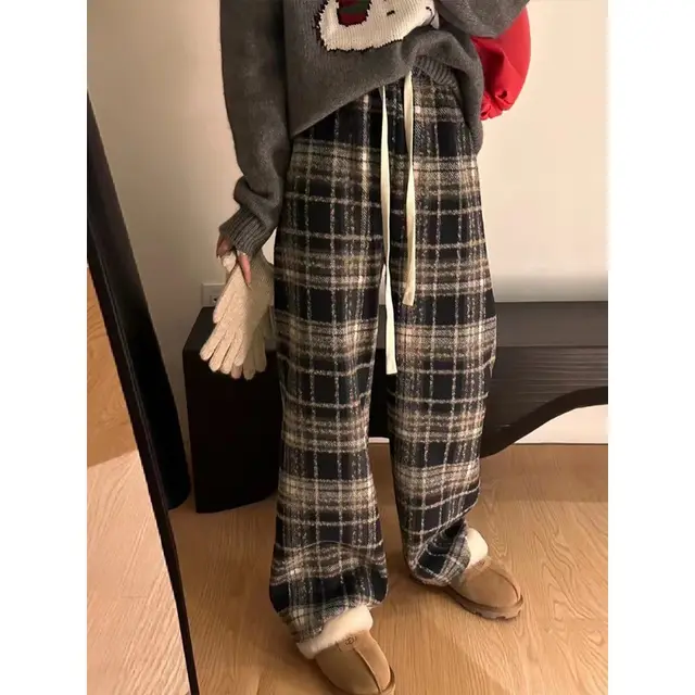 Christmas Red Wool Fleece lined Lattice Loose Pants 630G Navy Grid - Shop at LoveMi