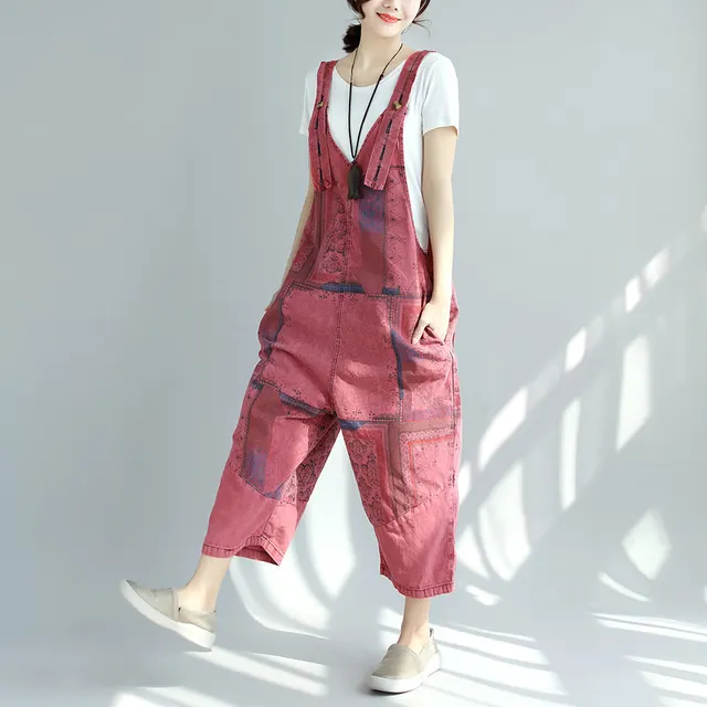 Printed Worn Looking Washed out Big Crotch Ninth Plus Size Stitching Denim Suspender Pants Wine Red - Shop at LoveMi