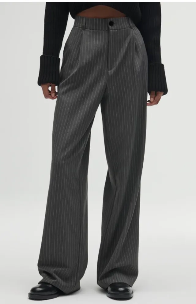 Casual Zipper And Button Closure Front Pleated Design High Waist Trousers Gray And White Stripes - Shop at LoveMi