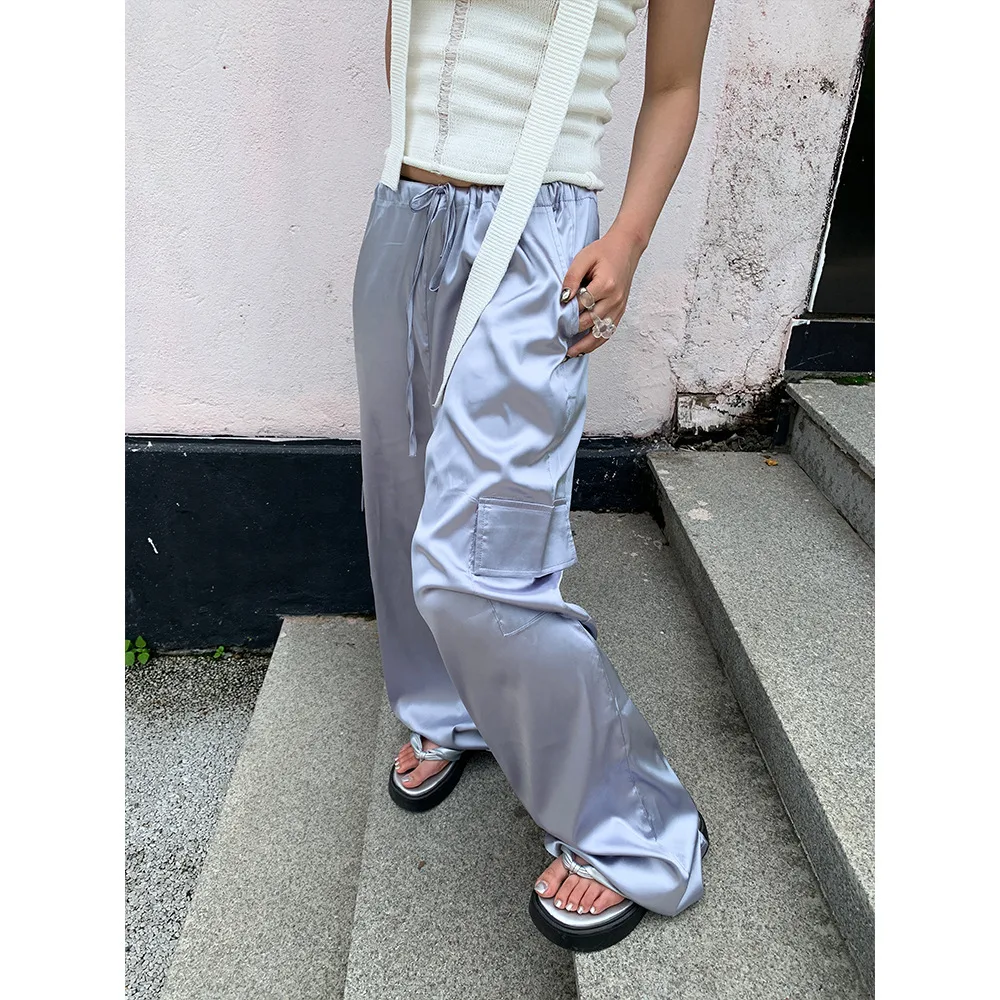 Women's Casual Pants With Drawstring Elastic-waist Straight-leg Pants - Silver