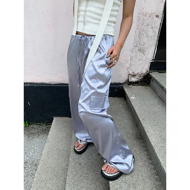 Women's Casual Pants With Drawstring Elastic waist Straight leg Pants Silver - Shop at LoveMi
