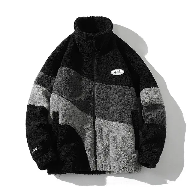 Couple Lambswool Stand Collar Coat Colorblock All matching Top Black - Shop at LoveMi