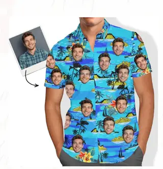 Customised Photo Printed Hawaiian Short Sleeved Casual Shirt - 4Color