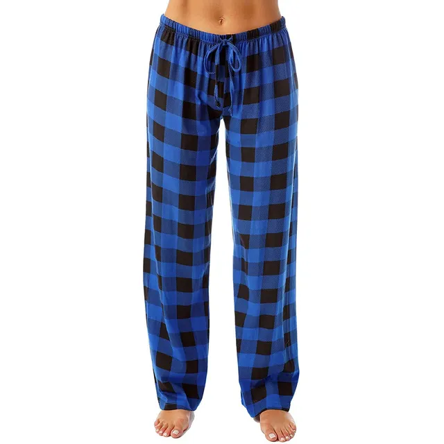 Drawstring Plaid Print Trousers Casual Loose Sports Home Pants Women Blue - Shop at LoveMi
