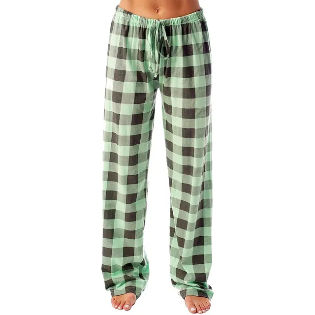 Drawstring Plaid Print Trousers Casual Loose Sports Home Pants Women Green - Shop at LoveMi