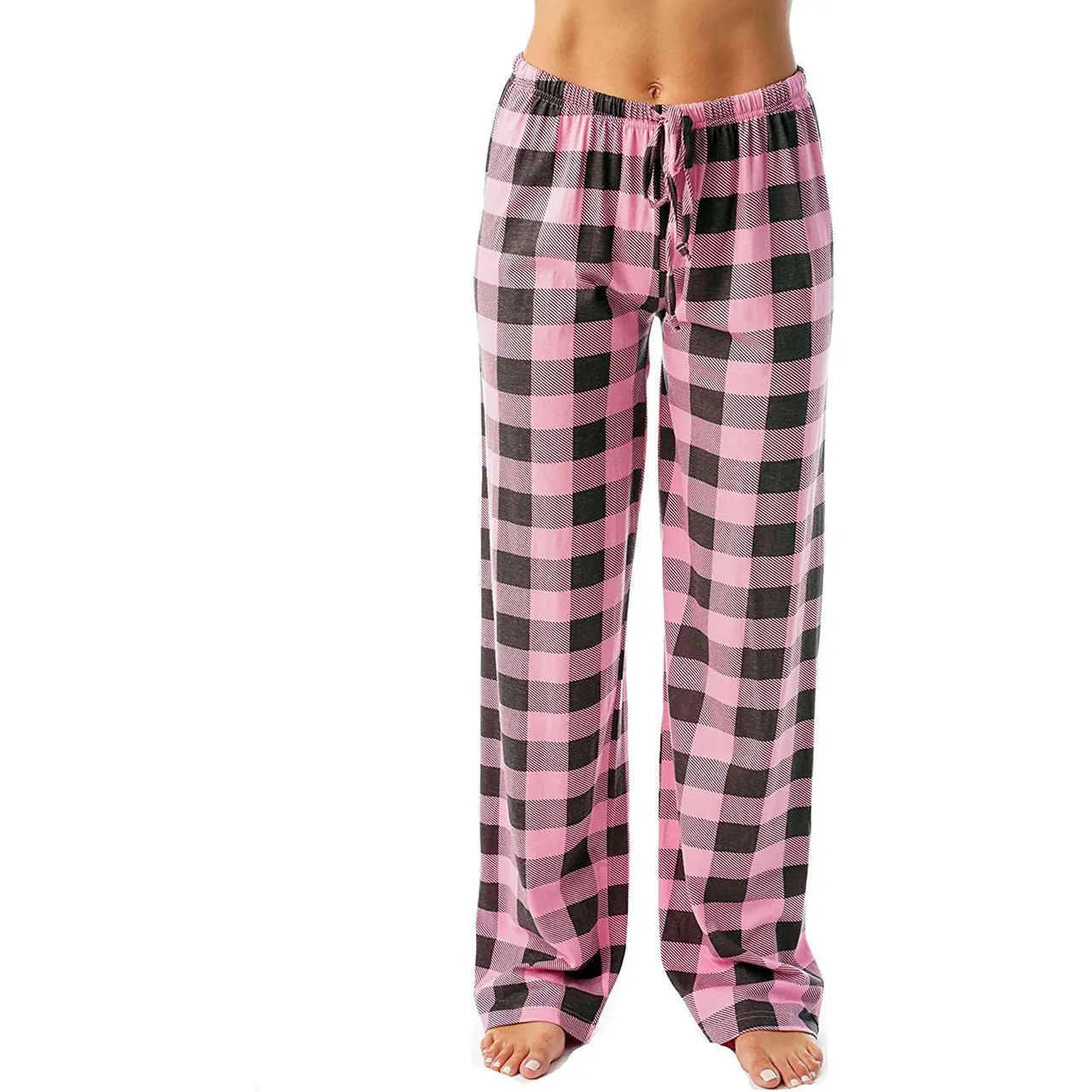 Drawstring Plaid Print Trousers Casual Loose Sports Home Pants Women - Pink