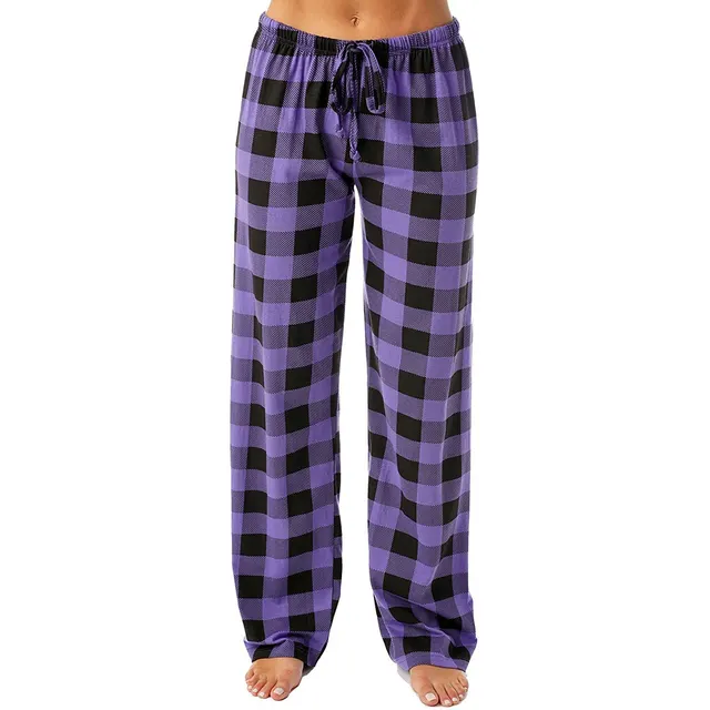 Drawstring Plaid Print Trousers Casual Loose Sports Home Pants Women Purple - Shop at LoveMi