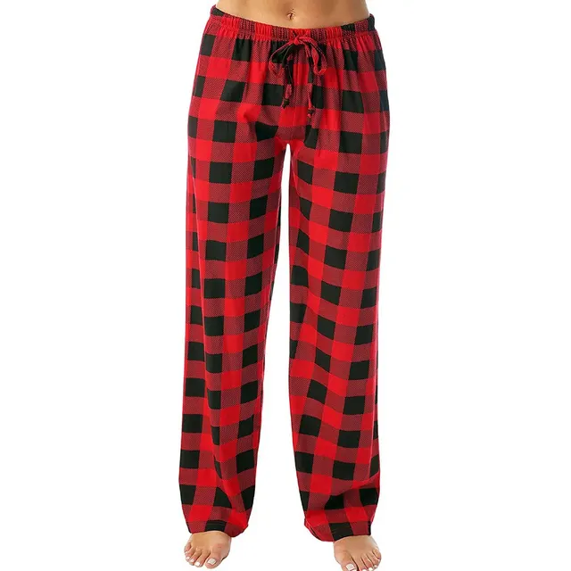 Drawstring Plaid Print Trousers Casual Loose Sports Home Pants Women Red - Shop at LoveMi