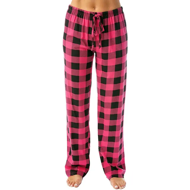 Drawstring Plaid Print Trousers Casual Loose Sports Home Pants Women Rose Red - Shop at LoveMi
