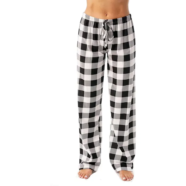 Drawstring Plaid Print Trousers Casual Loose Sports Home Pants Women White - Shop at LoveMi