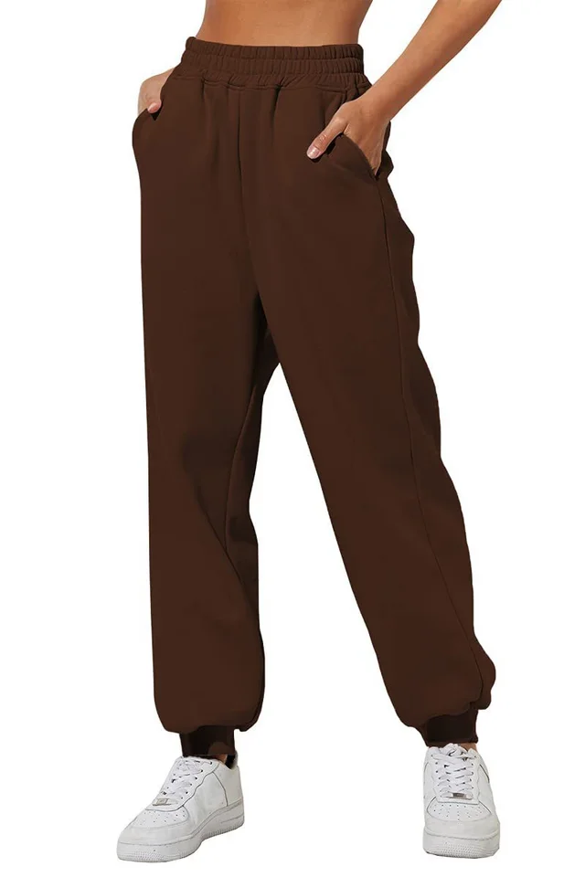Women's Trousers With Pockets High Waist Loose Jogging Sports Pants Comfortable Casual Sweatshirt Pants Dark Brown - Shop at LoveMi