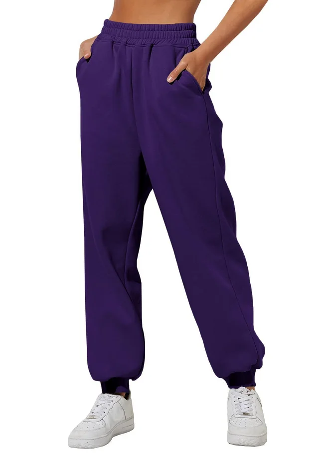 Women's Trousers With Pockets High Waist Loose Jogging Sports Pants Comfortable Casual Sweatshirt Pants Purple - Shop at LoveMi