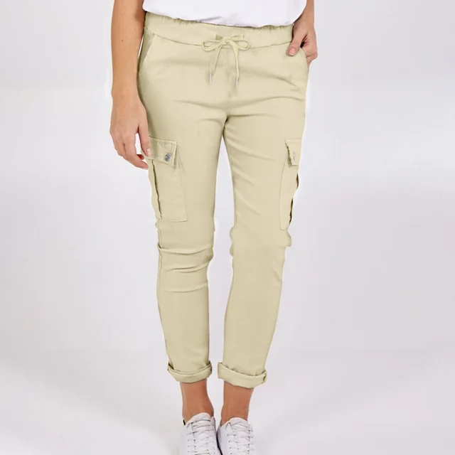 Casual Cargo Pants With Pockets Solid Color Drawstring Waist Pencil Trousers For Women Apricot - Shop at LoveMi