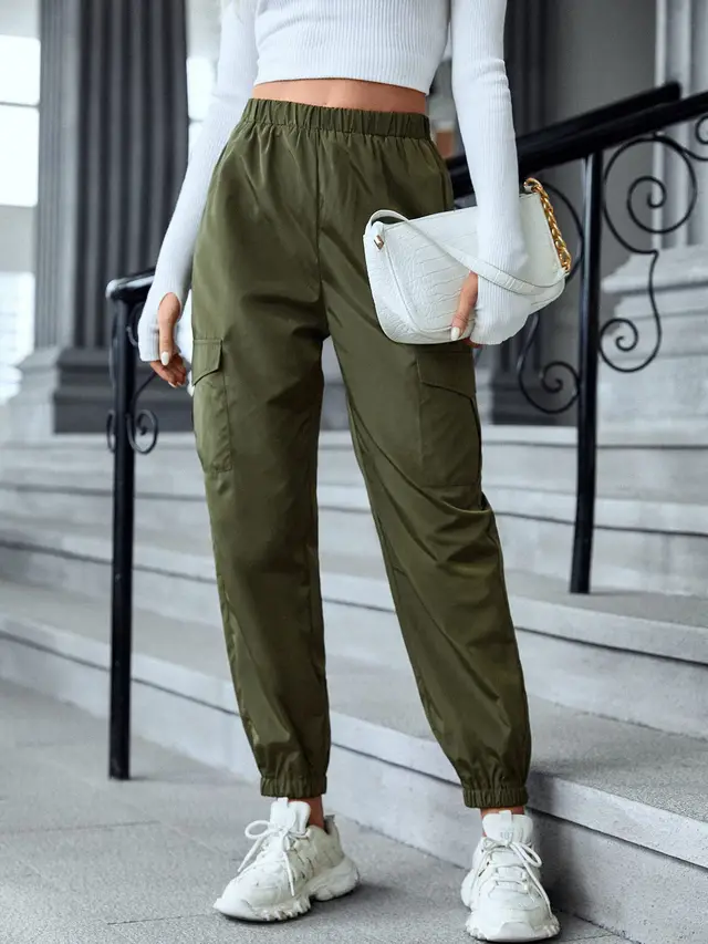 New Cargo Pants Fashion Casual Multi pocket Elastic Waist Pencil Pants For Women Army Green - Shop at LoveMi