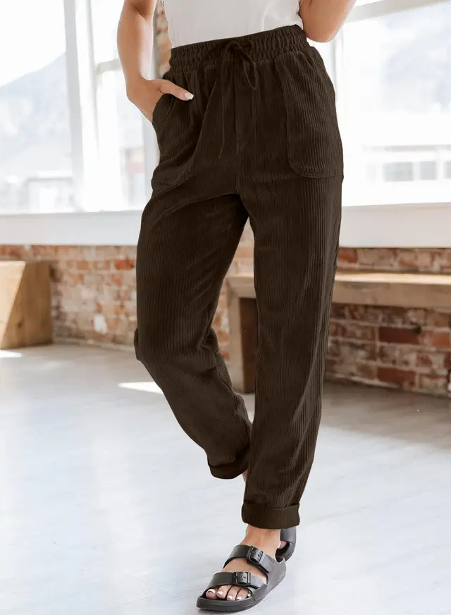 Corduroy Trousers For Women Casual Fashion Solid Color Elastic Waist Wide Leg Pants With Pockets Dark Brown - Shop at LoveMi