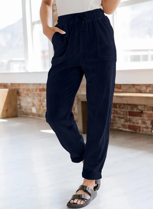 Corduroy Trousers For Women Casual Fashion Solid Color Elastic Waist Wide Leg Pants With Pockets Navy Blue - Shop at LoveMi