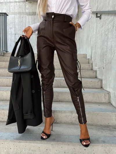 Fashion Slim fitting Leather Trousers Women Waist cinching Zipper Design Pants With Pockets Brown - Shop at LoveMi