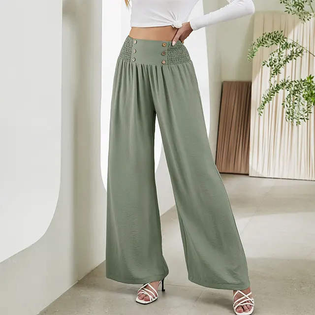 Fashion Straight Wide Leg Pants Elastic High Waist Casual Trousers For Women Grey Green - Shop at LoveMi